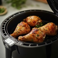 Air Fried Chicken Drumsticks with Herbs in a Kitchen Setting