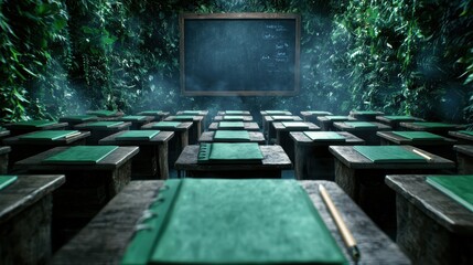 Obraz premium A classic classroom scene with rows of neatly aligned wooden desks, each equipped with a textbook and a pencil, all facing a large chalkboard where a teacher is writing with a piece of chalk.