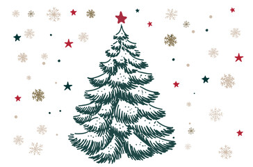 Christmas tree with snow, set on white, hand drawn illustration	
