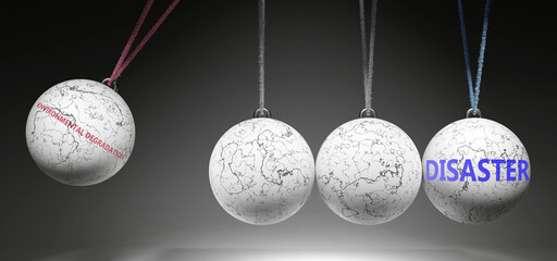 Environmental Degradation and Disaster - cause and effect relationship. A Newton cradle metaphor showing how environmental degradation results in disaster. It initiates disaster. ,3d illustration