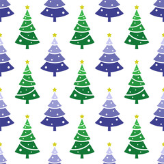 Beautiful small blue and green Christmas trees isolated on white background. Cute seamless pattern. Vector simple flat graphic illustration. Texture.