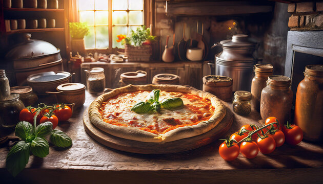 Classic pizza takes center stage in vintage rustic Italian kitchen