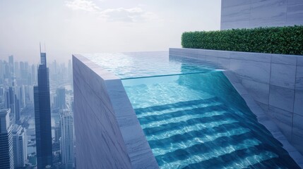Obraz premium A rooftop pool with a glass bottom, offering a unique perspective of the cityscape below.