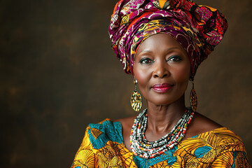 Fototapeta premium A woman in traditional african clothing, wearing a headwrap and statement jewelry.