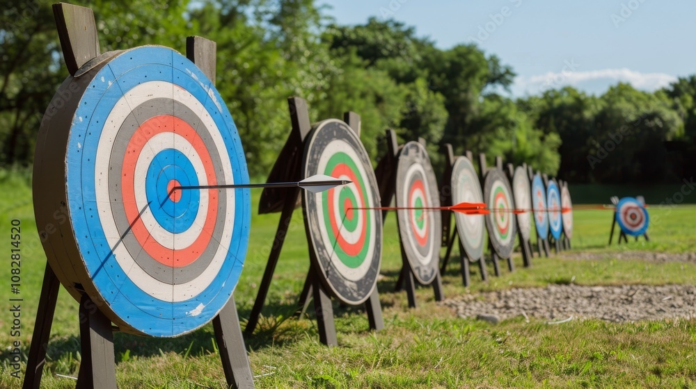 Poster archery range with meticulously aligned targets and arrows, bows and arrows ready for use, tradition