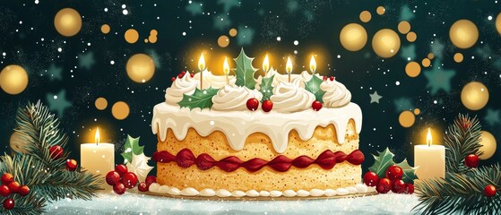 Celebration cake lighting ceremony festive setting digital illustration holiday atmosphere close-up view joyous concept