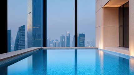 Obraz premium A rooftop pool with a dedicated bar area, perfect for enjoying cocktails while taking in panoramic city views.