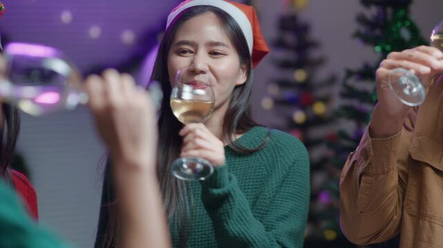 Friends join and celebrate the party with eating foods and with get cheers give a toast by clink glasses eating foods and drinks champagne. Happy and joyful dancing in holiday weekend and festival.
