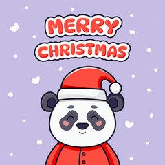 Christmas card with cute panda dressed in Santa Claus costume. Vector illustration in cartoon style