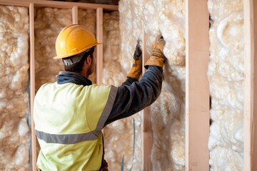Construction worker installing insulation in a new home during daylight hours. Generative AI