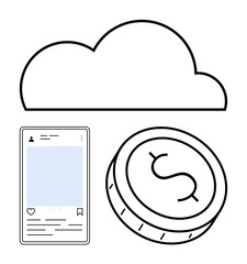 Cloud icon, smartphone with social media interface, digital coin with dollar sign. Ideal for fintech, social media, cloud computing, digital marketing, app development, online transactions
