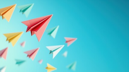 Fototapeta premium A flock of colorful paper airplanes soaring through a bright blue sky, arranged in a perfect V formation, symbolizing teamwork, leadership, and shared goals.