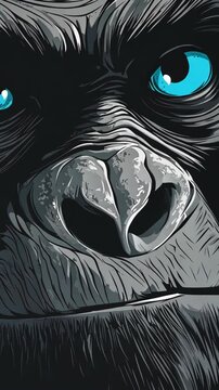 A close-up of a gorilla's face, with piercing blue eyes, shows the intensity of this powerful animal