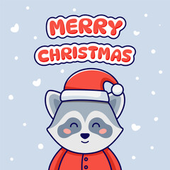 Christmas card with cute raccoon dressed in Santa Claus costume. Vector illustration in cartoon style