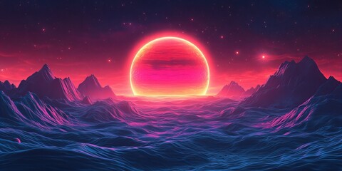 Vibrant Neon Alien Planet Landscape with Mysterious Rock Formations and Ethereal Glowing Light Effects new beautiful stock image illustration AI