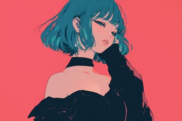 Fototapeta premium Anime Illustration. Elegant Anime Portrait of Girl with Blue Hair on Pink Background