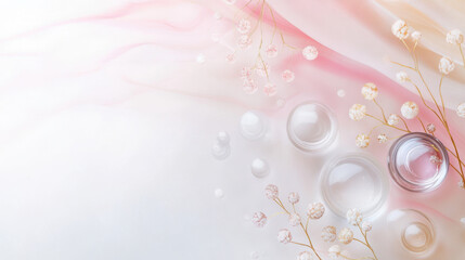 Soft and elegant background featuring delicate flowers and glass spheres, perfect for beauty salon website. gentle colors create serene atmosphere