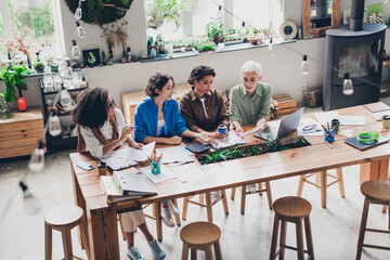 Above view portrait of ambitious business women only team cooperate project modern interior office indoors