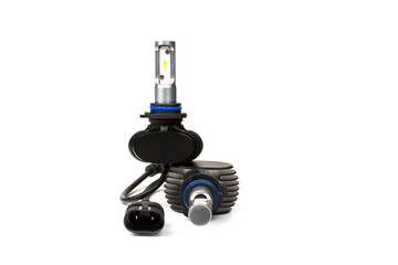 Light bulbs for car lamps. Automotive part in Silvery metallic and black color with wires and connecting elements