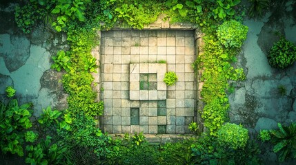 Lush greenery surrounds ancient stone structure.