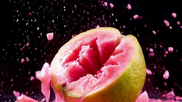 fruit explosion of a guava with pink juice splashing everywhere in vibrant energy black background