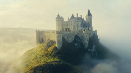 A medieval castle perched on a hill, its towers reaching into the misty air.