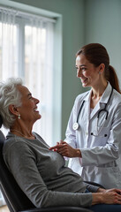 Obraz premium Caring young female doctor smiling and examining elderly patient in medical office for healthcare concept