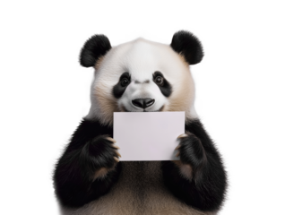 A cute and funny smiling panda bear isolated on a transparent background holding a rectangular mockup piece of paper in its paws, png cutout. 