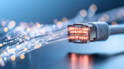 A close up shot of fiber optic cables with light streaming through them, representing high speed data transmission and the interconnectedness of the digital world.