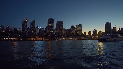 Naklejka premium A panoramic view of a bustling urban skyline at dusk, lights beginning to twinkle.