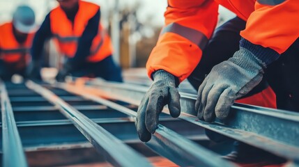 Obraz premium Construction workers assembling steel beams on site with focused attention to safety gear