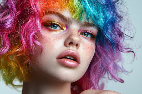 A young gender fluid person with vibrant rainbow-colored hair and unique makeup.