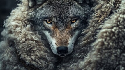 Wolf in Sheep's Clothing: Photographic Portrait, AI generated illustration.