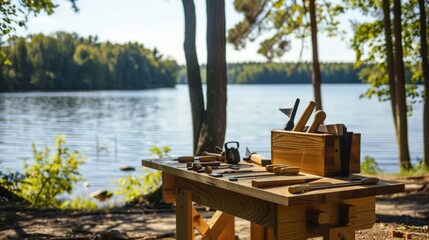 Obraz premium Carefully set up woodworking station on a tranquil lakeside, saws and chisels placed around a workbench, Lakeside craftsmanship style