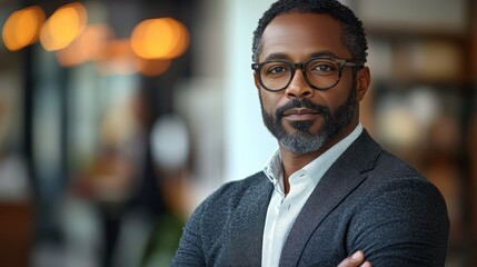 Obraz premium Confident Professional: A portrait of a successful businessman, exuding confidence and determination, captured in a professional setting. He wears a crisp suit and glasses.