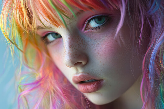 A young person with rainbow-colored hair, their makeup dramatic and expressive.