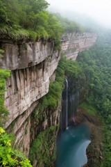 A waterfall is flowing into a lake in the middle of a forest. The water is clear and calm, and the surrounding trees are lush and green. The scene is serene and peaceful