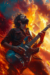 Obraz premium A man playing a guitar in front of a fiery sky