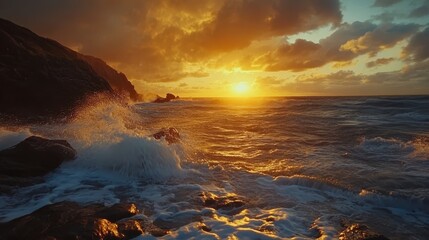 Fototapeta premium A rocky shoreline with waves crashing under a dramatic sunset.