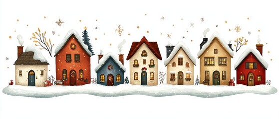 Winter wonderland scene cozy neighborhood digital art snowy environment bird's eye view festive atmosphere