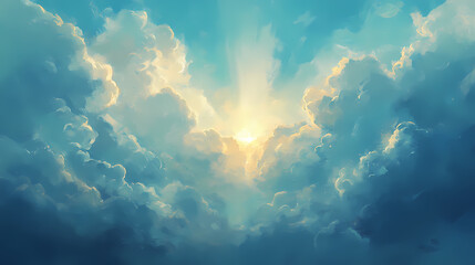 Fototapeta premium Majestic sky with divine light shining through the clouds, symbolizing faith and spirituality, digital painting. Divine. Illustration
