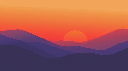 Fototapeta premium A vibrant sunset paints the sky in hues of orange and red as it sets behind a series of purple hills. The sun's glow illuminates the landscape, creating a breathtaking scene.