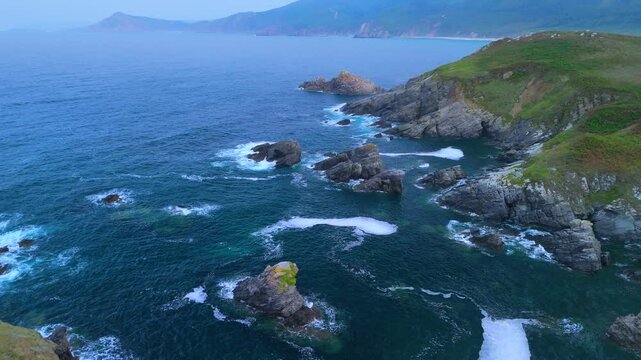 Aerial view from a drone of the coastal area, beaches and sea of ​​the Hermitage of Santa Comba in the parish of Covas. Ferrol. Province of La Coru&ntilde;a. Galicia. Spain. Europe