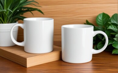Two empty white coffee mugs Mock up on a wooden surface next to green plants in a warm, inviting indoor setting
