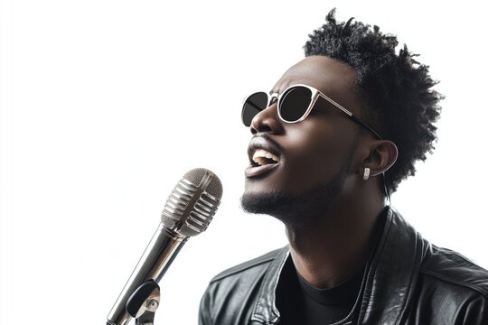 African American hip hop singer singing into vintage microphone isolated over white background