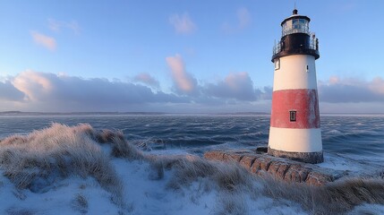 Obraz premium A scenic lighthouse stands by the shore, surrounded by snow and waves under a blue sky.