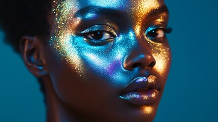 Close-up portrait of a young Black woman with iridescent glitter makeup against a teal background.