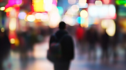 Fototapeta premium A blurred silhouette of a man walking through a city street at night. The bright lights of the city create a colorful bokeh effect.