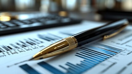 Fototapeta premium A pen resting on financial charts and a calculator, symbolizing analysis.