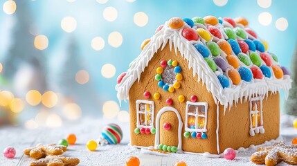 Decorative gingerbread house holiday celebration food art cozy environment close-up view festive concept